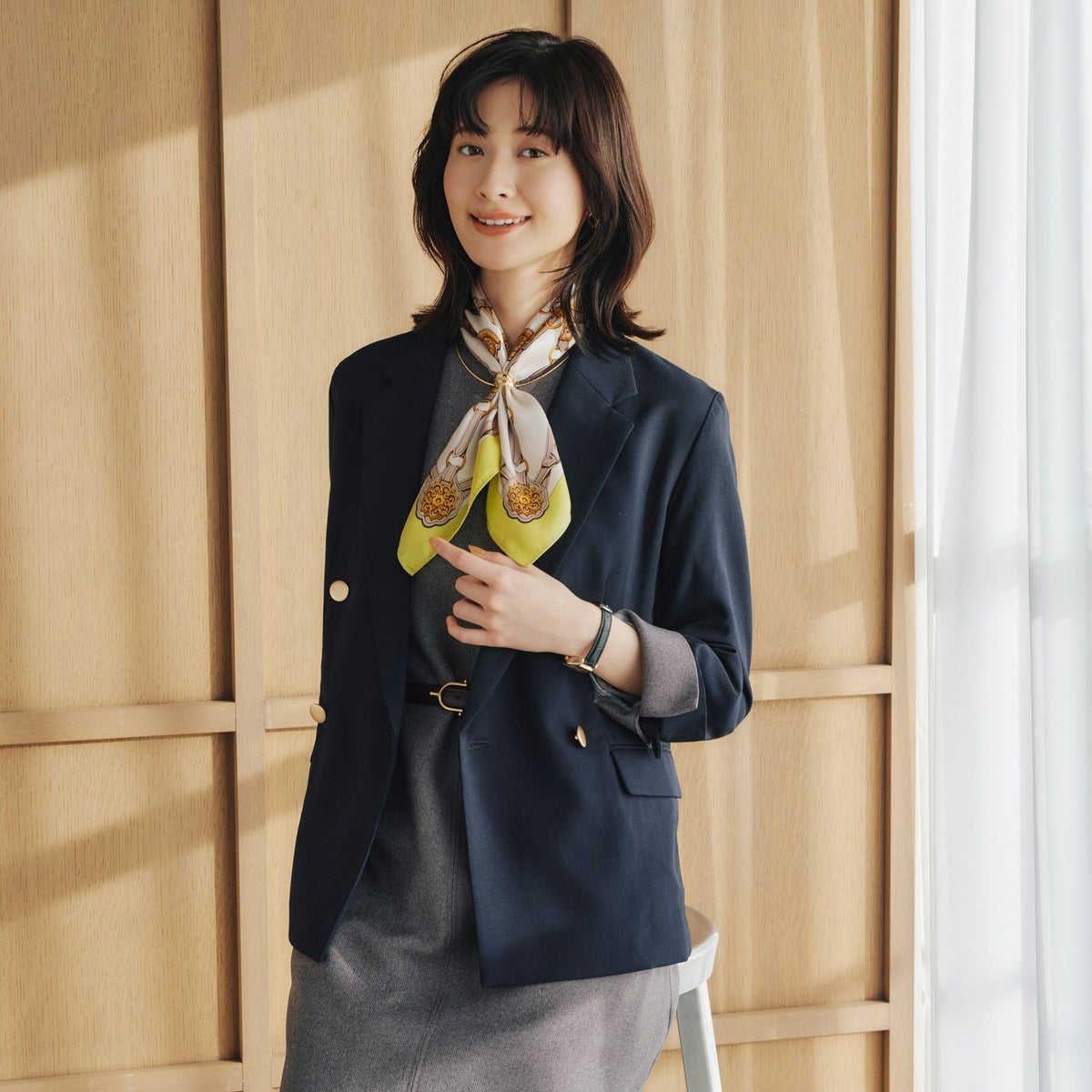 チェーン柄スカーフ＜ライム＞　シルク100%　日本製