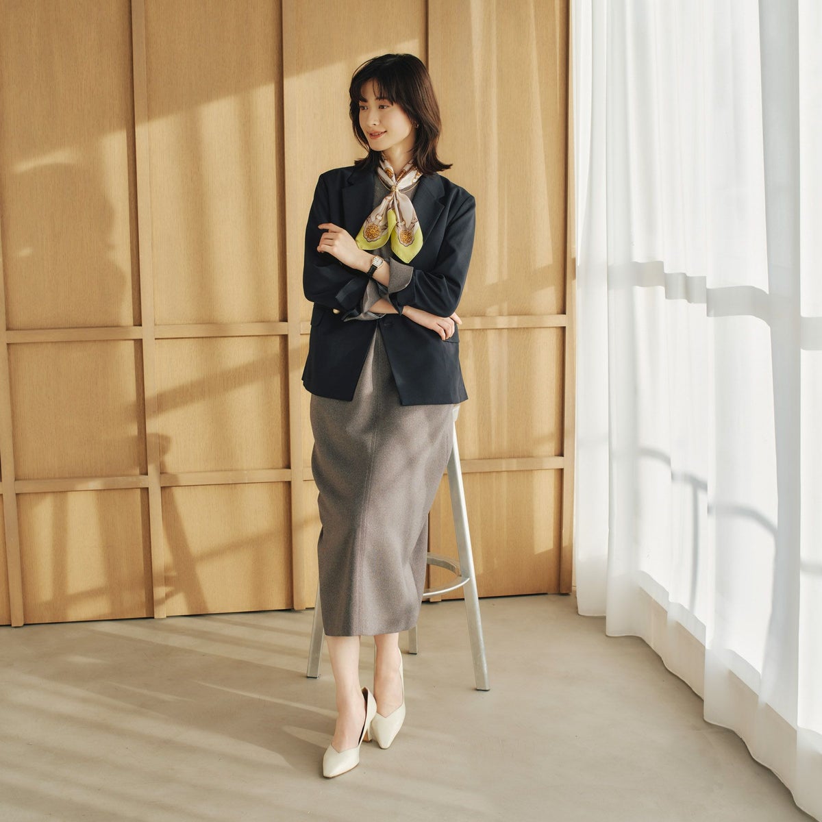 チェーン柄スカーフ＜ライム＞　シルク100%　日本製