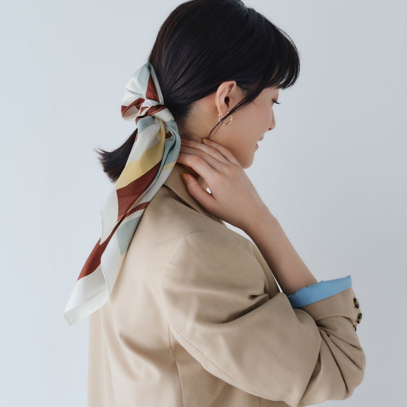  ランダムストライプスカーフ＜ブラウン＞　シルク100%　日本製