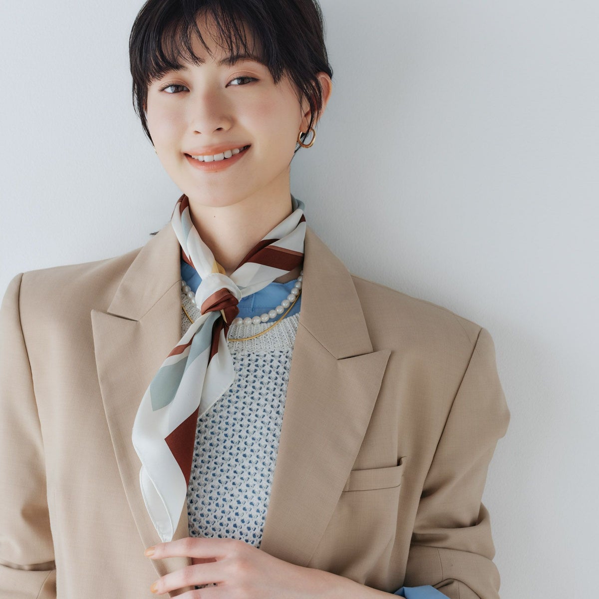  ランダムストライプスカーフ＜ブラウン＞　シルク100%　日本製