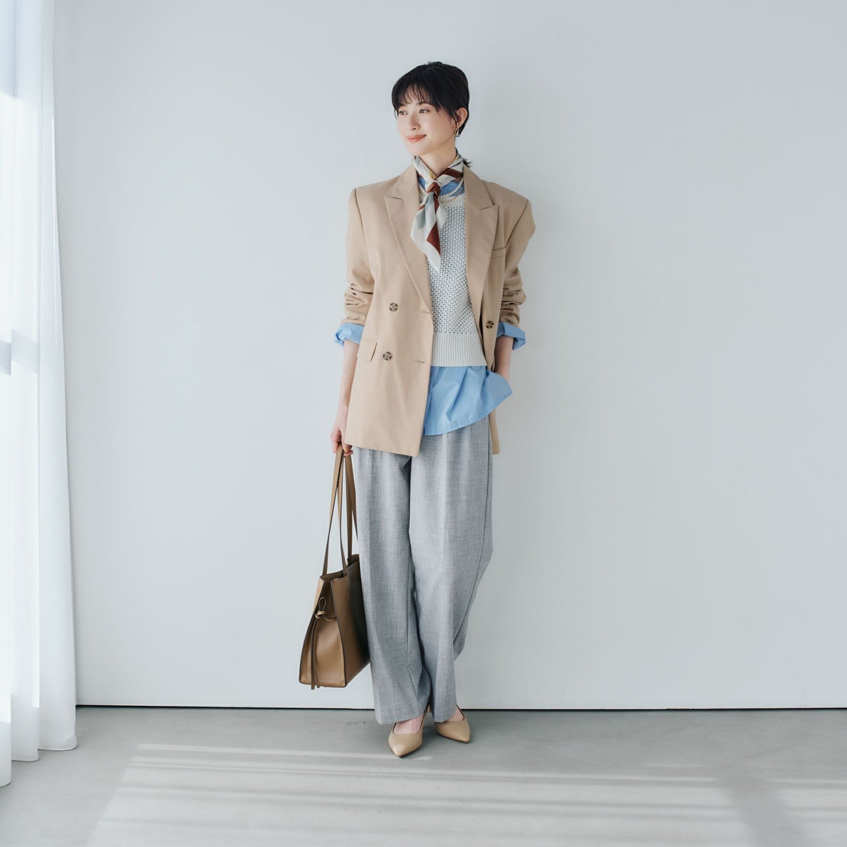  ランダムストライプスカーフ＜ブラウン＞　シルク100%　日本製