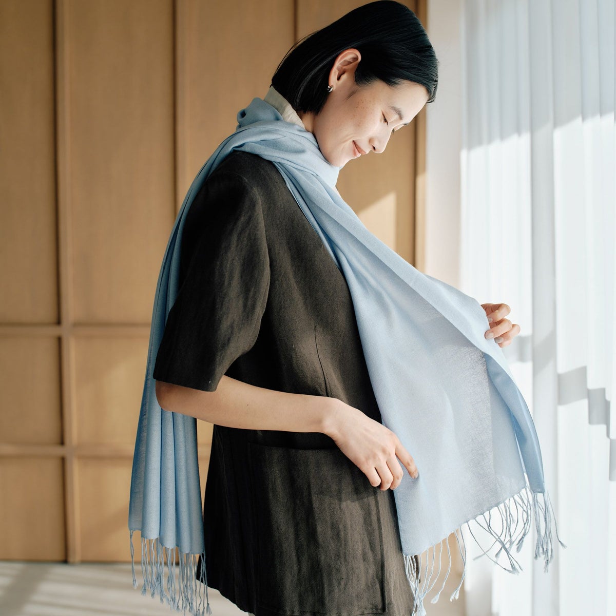 長寿祝いギフトセットのシルクカシミヤストール　ブルー